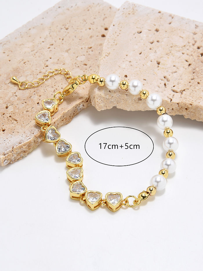 Bracelets plaqués or en Zircon, Style classique, Imitation de perles, en forme de cœur, incrustation de cuivre