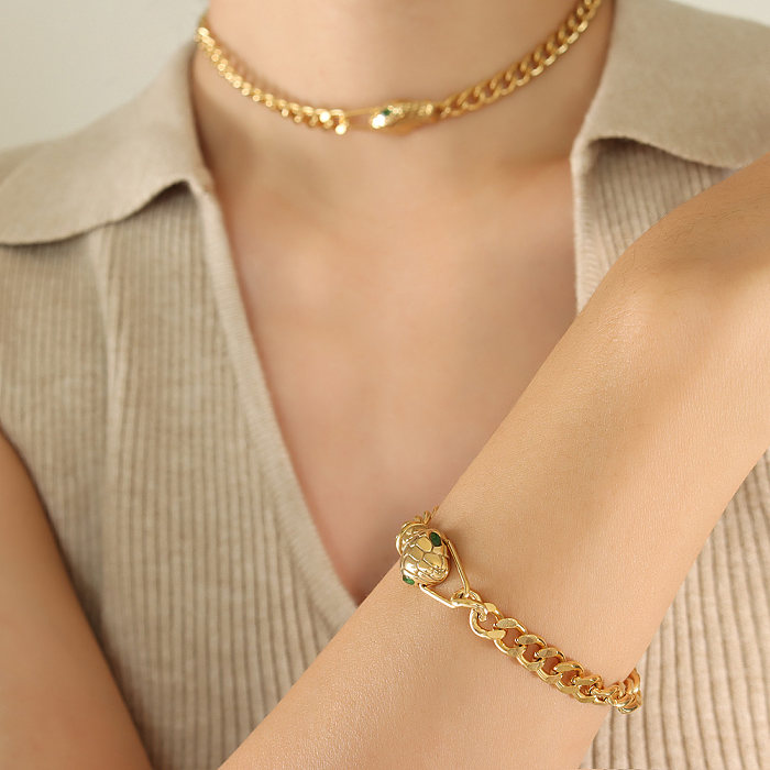 Hip-Hop Cool Style Schlangen-Armband-Halskette mit Titan-Stahlbeschichtung, Inlay-Zirkon, 18 Karat vergoldet