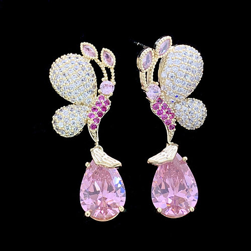 1 paire de boucles d'oreilles élégantes en cuivre et Zircon avec incrustation de papillon