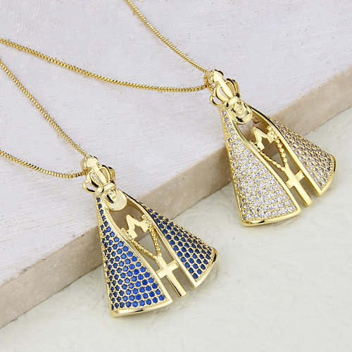 Mode Kreuz Krone Form Jungfrau Maria Anhänger Intarsien Zirkon Kupfer Halskette Großhandel