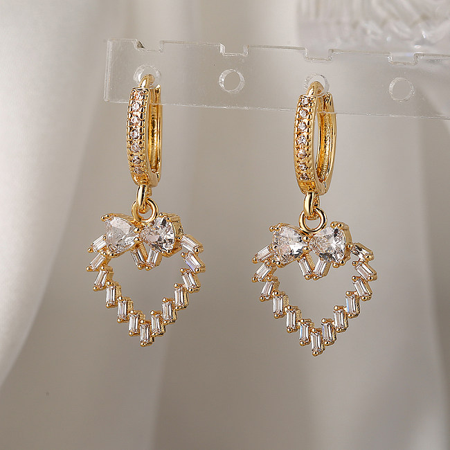 1 Pair Simple Style Commute Heart Shape Plating Inlay Copper Zircon 18K Gold Plated Drop Earrings