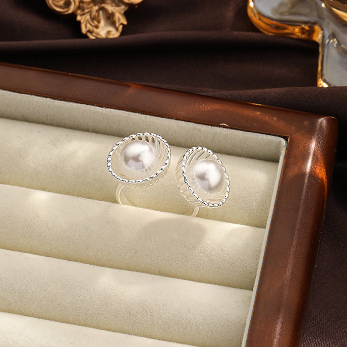 British Style Round Copper Plating Inlay Imitation Pearl Silver Plated Open Rings