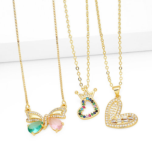 IG Style Fashion Simple Style Heart Shape Bow Knot Copper Plating Inlay Zircon 18K Gold Plated Necklace