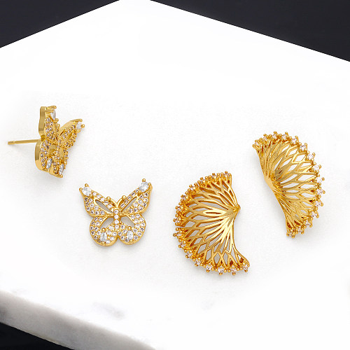 1 Paar einfache Streetwear-Ohrstecker mit Schmetterlingsbeschichtung, Inlay, Kupfer, Zirkon, 18 Karat vergoldet