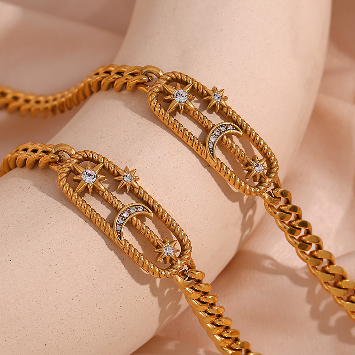 Einfacher, schlichter Stil, klassischer Stil, Stern- und Mond-Armband, Halskette aus Edelstahl mit Intarsien und Strasssteinen, 18 Karat vergoldet