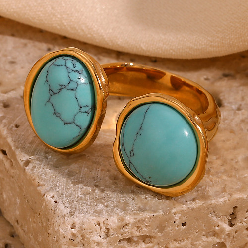 Vintage Style Classic Style Round Oval Stainless Steel Plating Inlay Turquoise 18K Gold Plated Open Rings