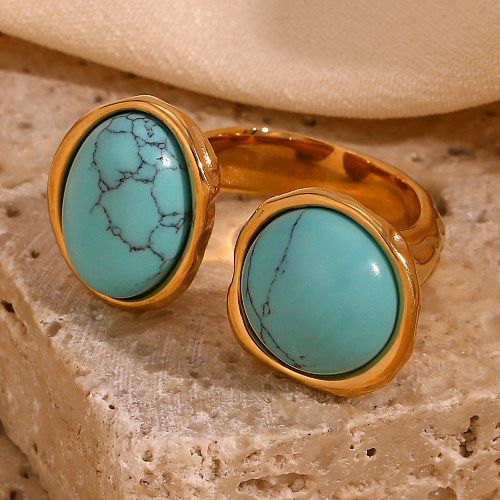 Bagues ouvertes rondes ovales en acier inoxydable, Style classique, incrustation Turquoise, plaqué or 18 carats, Style Vintage
