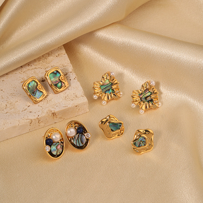 Pendientes chapados en oro de 1K con incrustaciones de perlas acrílicas de cobre, 18 par, estilo clásico Vintage, geométrico Irregular, forma de corazón