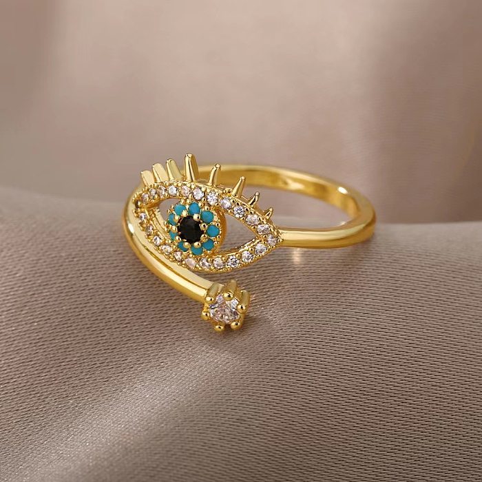 Casual Simple Style Devil'S Eye Copper Plating Hollow Out Inlay Zircon Gold Plated Open Ring