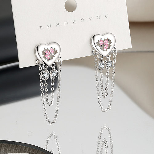 1 Pair Sweet Heart Shape Tassel Plating Inlay Copper Zircon Drop Earrings