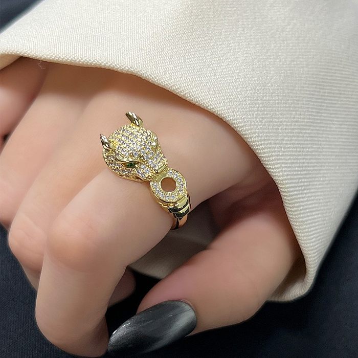 Exaggerated Cool Style Leopard Copper Plating Inlay Zircon Silver Plated Open Ring