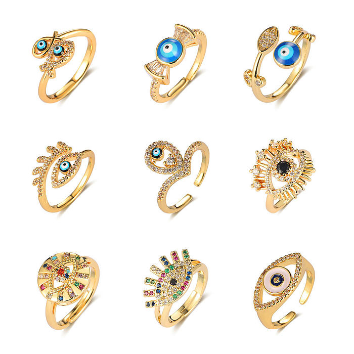 Offene Ringe im klassischen Stil mit Teufelsauge, Stern und Mond, Kupfer-Emaille-Inlay und Zirkon