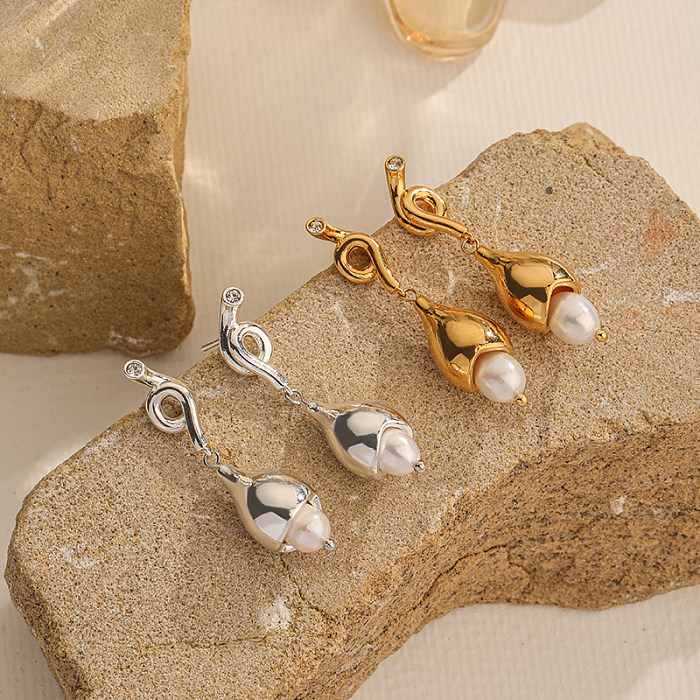 1 par de pendientes colgantes chapados en oro de 18K con incrustaciones de flores de estilo Simple y elegante, perlas de concha de cobre, circonita