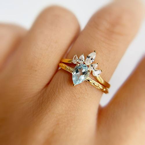 Water Drop Crown Ring Copper Plated Real Gold Color Preserving Jewelry Creative Combination Finger Ring