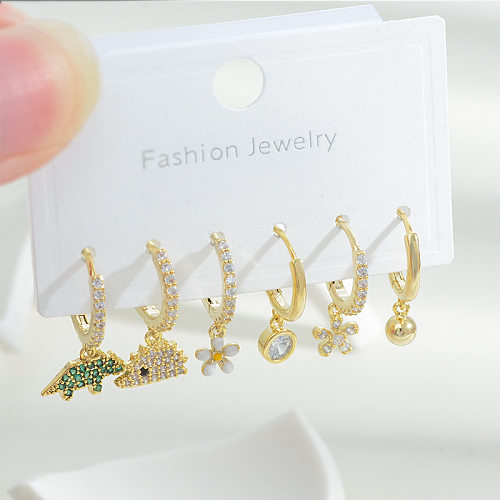 Sweet Hedgehog Dinosaur Flower Copper Earrings Asymmetrical Inlay Zircon Copper Earrings 3 Pairs