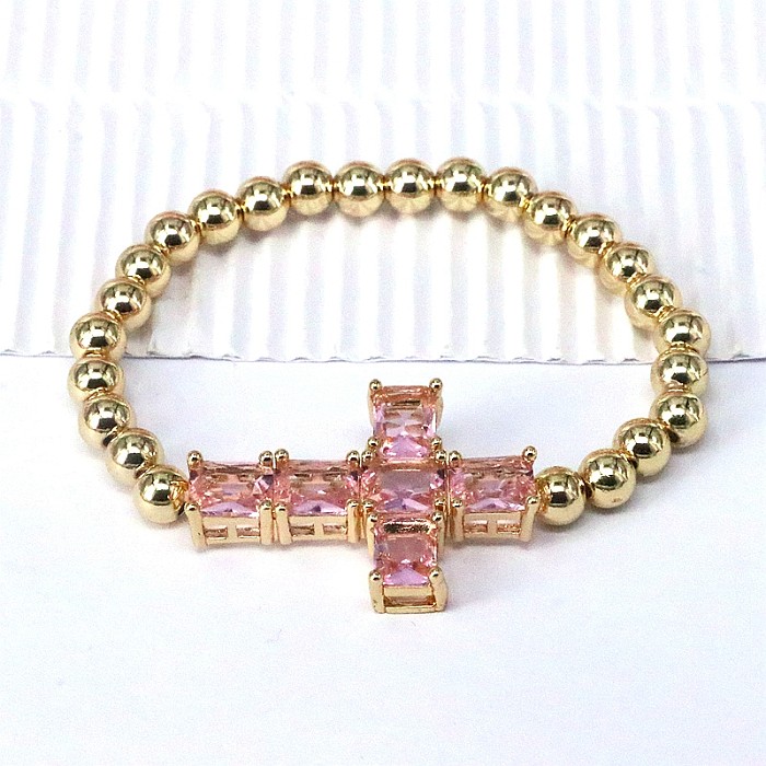 Elegante estilo simples cruz chapeamento de cobre inlay zircão pulseiras banhadas a ouro