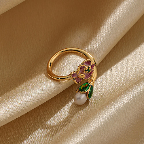Elegante offene Ringe mit Retro-Blumenverkupferung und Intarsienperle, 18 Karat vergoldet