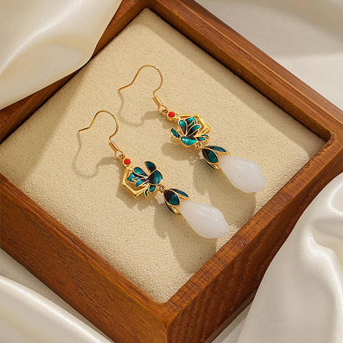 1 par de ganchos para la oreja de cristal de Calcedonia de cobre con incrustaciones de esmalte de hoja y flor de Estilo Vintage elegante
