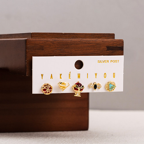 Cute Cartoon Character Copper Enamel Plating Inlay Zircon 14K Gold Plated Ear Studs