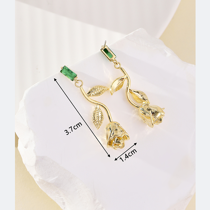 1 paire de boucles d'oreilles pendantes en cuivre et zircon plaqué or 18 carats, style glamour vintage, incrustation de fleurs