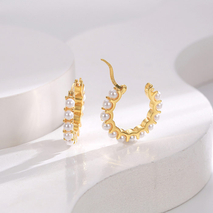 Retro U Shape Pearl Copper Plating Hoop Earrings 1 Pair