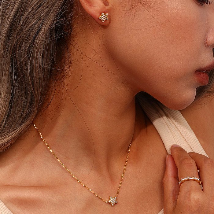 Elegant Pentagram Stainless Steel Plating Inlay Pearl 18K Gold Plated Earrings Necklace