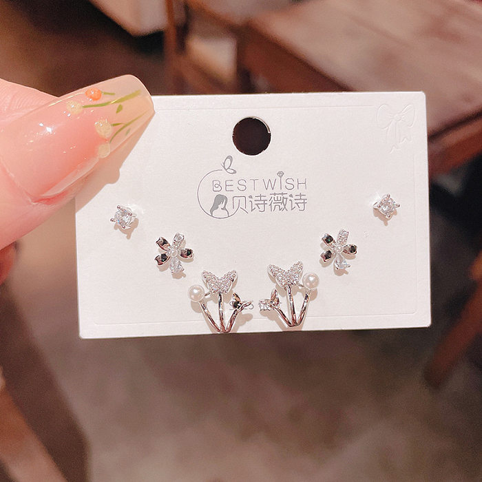 Sweet Round Butterfly Snowflake Copper Plating Inlay Zircon Ear Studs 1 Set