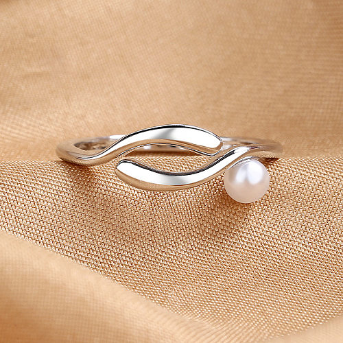 1 Piece Simple Style Waves Copper Inlay Artificial Pearls Open Ring