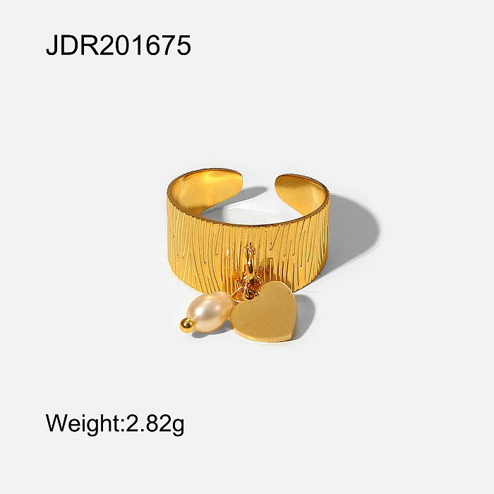 Geometrischer Ring 18K Gold Edelstahl Liebe Herzförmiger Perlenanhänger Offener Ring