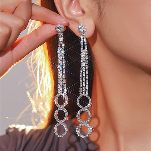 Boucles d'oreilles pendantes, 1 paire, Style moderne, placage rond brillant, incrustation de strass en cuivre plaqué argent