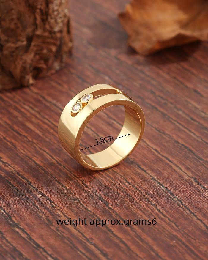 Simple Style Round Copper Plating Hollow Out Inlay Zircon 18K Gold Plated Wide Band Rings
