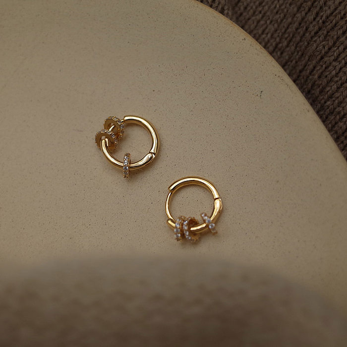 1 paire de boucles d'oreilles rétro décontractées, cercle plaqué cuivre, incrustation de pierres précieuses artificielles