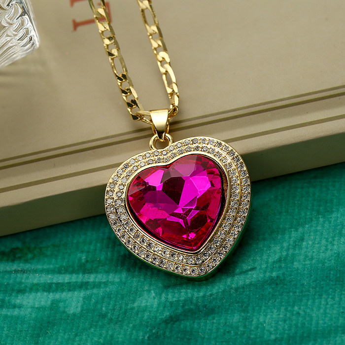 Elegant Glam Heart Shape Copper Plating Inlay Zircon 18K Gold Plated Pendant Necklace