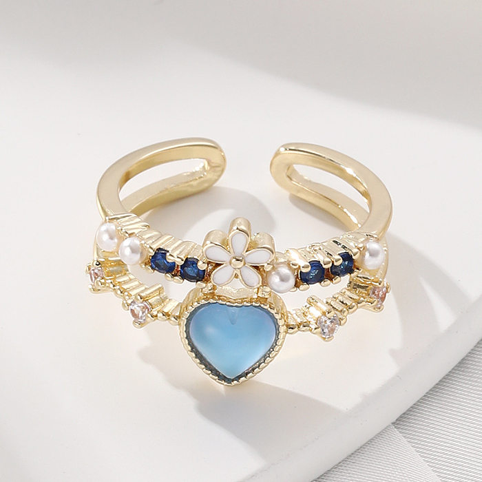 Fashion Heart Shape Flower Copper Enamel Plating Inlay Artificial Pearls Zircon Open Ring 1 Piece