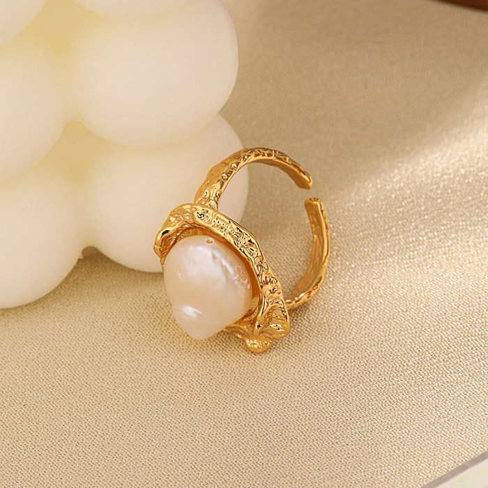 British Style Solid Color Copper Inlay Freshwater Pearl Open Rings