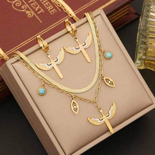 IG Style Elegant Bird Eagle Stainless Steel Layered Plating Inlay Artificial Diamond Turquoise Bracelets Earrings Necklace