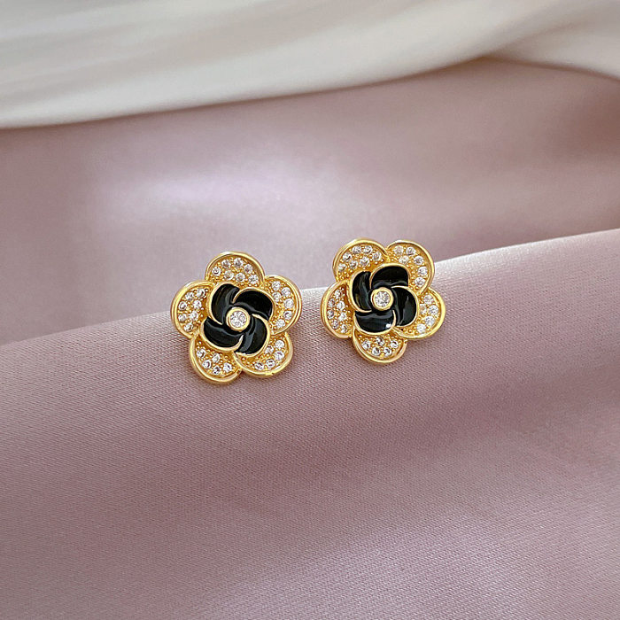 Glam Flower Titanium Steel Copper Enamel Plating Inlay Zircon Gold Plated Earrings Necklace