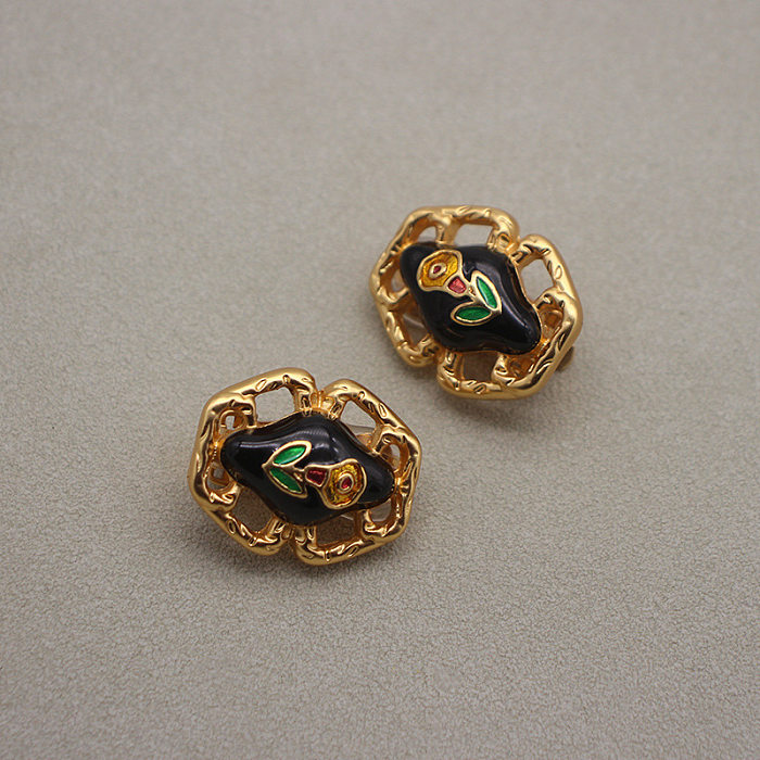1 Pair Glam Retro Oval Heart Shape Flower Plating Inlay Copper Resin Pearl Zircon Earrings
