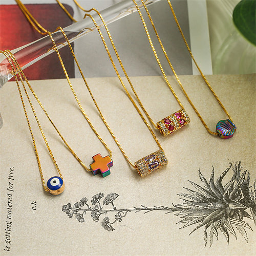 Casual Cross Eye Shell Copper Plating Inlay Zircon Gold Plated Pendant Necklace