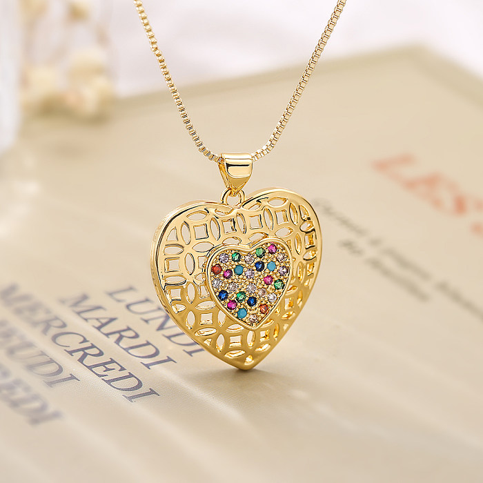 Simple Style Commute Heart Shape Copper Plating Hollow Out Inlay Zircon 18K Gold Plated Pendant Necklace