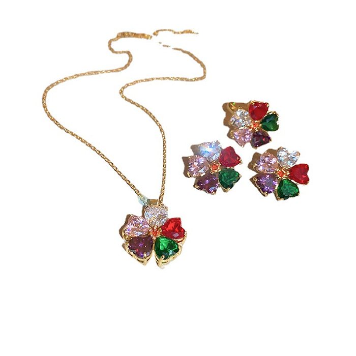 Sweet Flower Copper Plating Inlay Zircon Gold Plated Rings Earrings Necklace