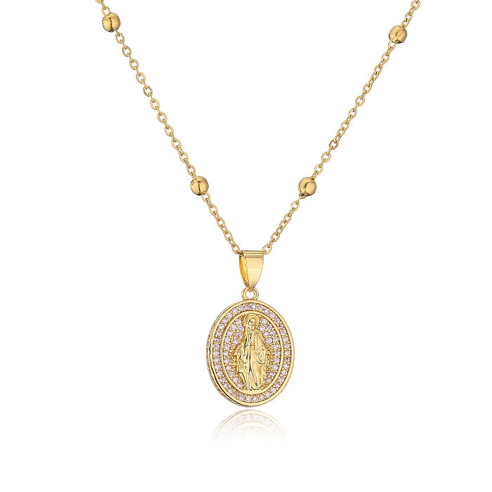 Micro Inlaid Zircon Oval Virgin Mary Pendant Stainless Steel Necklace