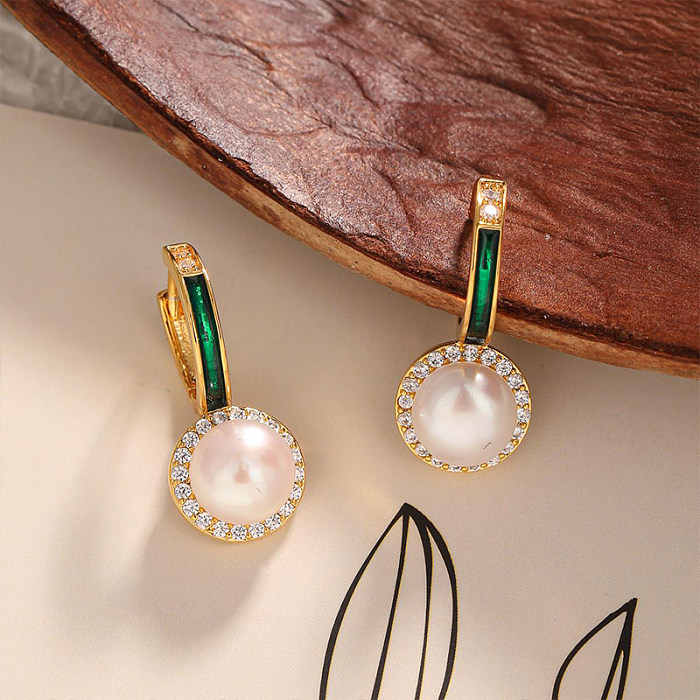 1 Pair Elegant Lady Simple Style Geometric Inlay Copper Pearl Zircon Drop Earrings