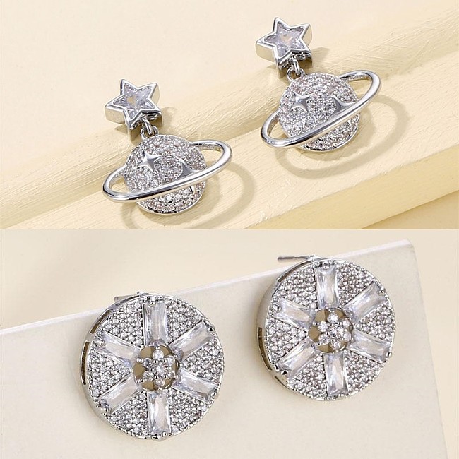 1 Pair Simple Style Round Snowflake Inlay Copper Zircon Drop Earrings