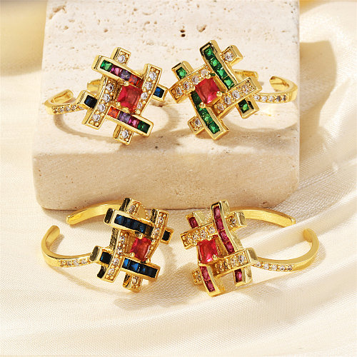 IG Style Geometric Copper Plating Inlay Zircon 18K Gold Plated Open Ring