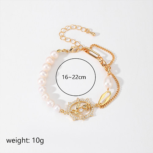 Simple Style Irregular Rose Copper Beaded Plating Inlay Freshwater Pearl Zircon 18K Gold Plated Bracelets Necklace