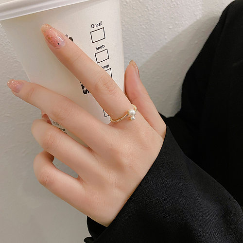 Modern Style Solid Color Copper Plating Inlay Freshwater Pearl Zircon 14K Gold Plated Open Rings
