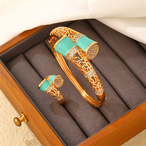Casual elegante glam geométrico redondo cobre esmalte chapeamento inlay zircão banhado a ouro anéis pulseiras