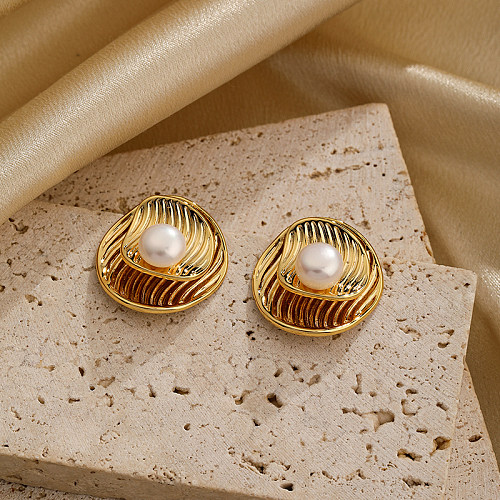 1 par de pinos de orelha banhados a ouro 18K, estilo simples, cor sólida, revestimento em camadas, pérola de cobre