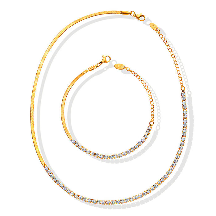 Moda diamante zircão incrustado costura lâmina corrente banhado a ouro colar pulseira